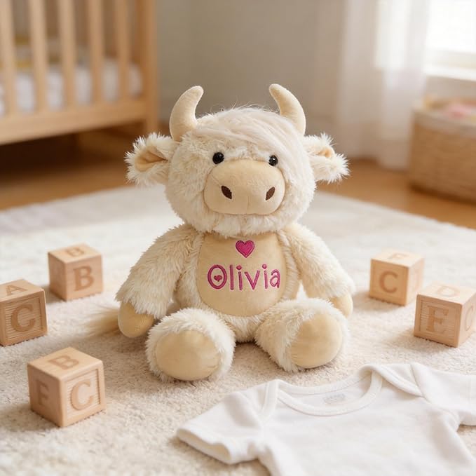 Personalized Highland Cow Stuffed Animal - Custom Name & Date Embroidered Plush Toy - Soft Farm Cow Nursery Decor, Baby Shower & Birthday Keepsake Gift for Boys Girls (10/13/16 Inch)