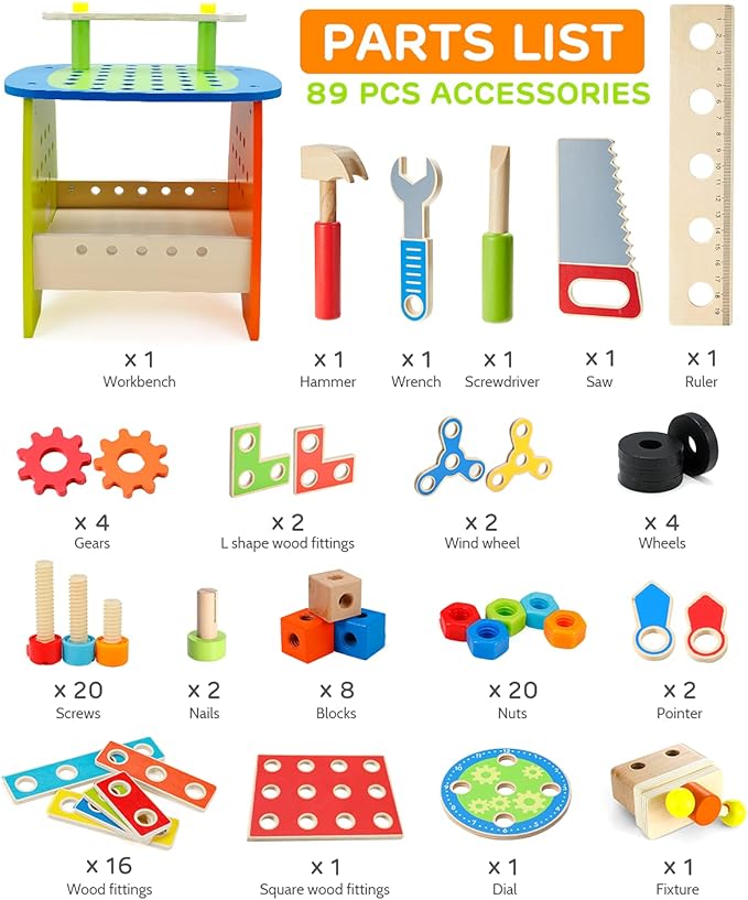 Ohuhu Kids Tool Set: 89Pcs Wooden Toddler Tool Workbench Toy Set with Construction Learning Educational Bench Play Toys for Boys Girls Age 3 4 5 6 7 Birthday