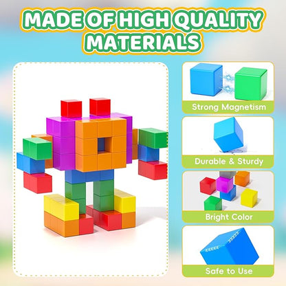 64PCS Magnetic Blocks Set, Magnet Building Blocks with Toy Figurine and Storage Bag for Kids Gifts, STEM Educational Preschool Sensory Toys for Toddlers Boys Girls Ages 3 4 5 6 7 8 +(Bright Color)