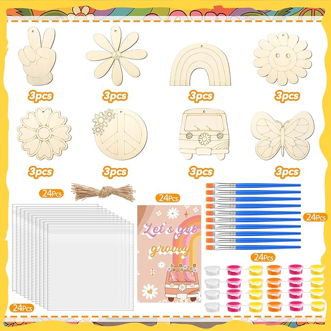 Saypacck 24 Pcs Groovy Boho Hippie Party Favors Wooden Painting Craft Kits Birthday Party Supplies with Organza Bag for Goodie Bags Fillers Adult Thank You Gifts