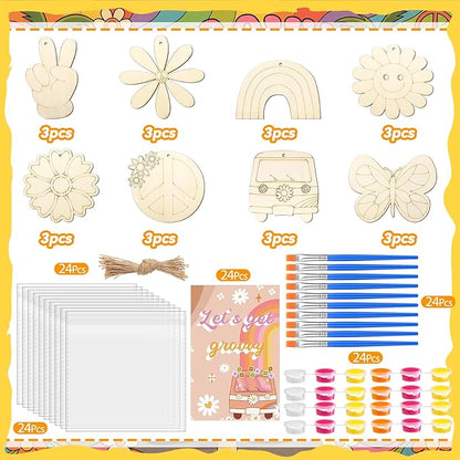 Saypacck 24 Pcs Groovy Boho Hippie Party Favors Wooden Painting Craft Kits Birthday Party Supplies with Organza Bag for Goodie Bags Fillers Adult Thank You Gifts