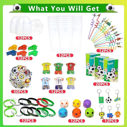 166 Pcs Soccer Party Favors for 12 People Party Supplies with Cup Straw Stress Ball Keychain Sticker Silicone Wristbands Whistle Goodie Bags for Kids Birthday Decorations Gifts