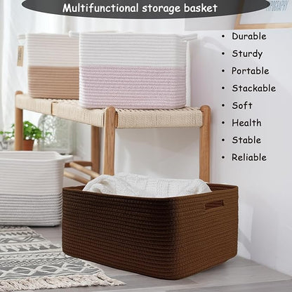 COMFY-HOMI 3 pcs Large Storage Baskets for Shelves, Laundry Basket, Woven Rope Basket, Closet Organizer Bins for Clothes Blanket Towels, Baby Nursery, Gift Toy Baskets, 17” x 13” x 7.5”-Dark Brown