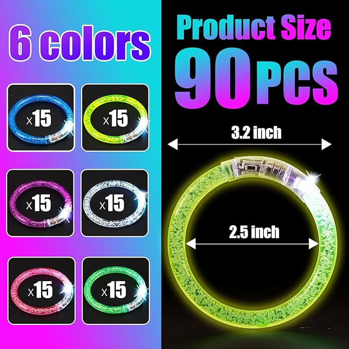 90 Pcs LED Bracelets,6 Color Glow Sticks Bracelets,Light Up Bracelets,Glow In The Dark Bracelets,LED Party Supplies for Kids Adults,Light Up Party Favors for Concert Birthday Carnival
