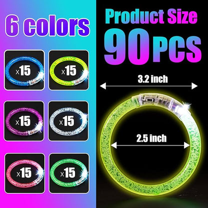 90 Pcs LED Bracelets,6 Color Glow Sticks Bracelets,Light Up Bracelets,Glow In The Dark Bracelets,LED Party Supplies for Kids Adults,Light Up Party Favors for Concert Birthday Carnival