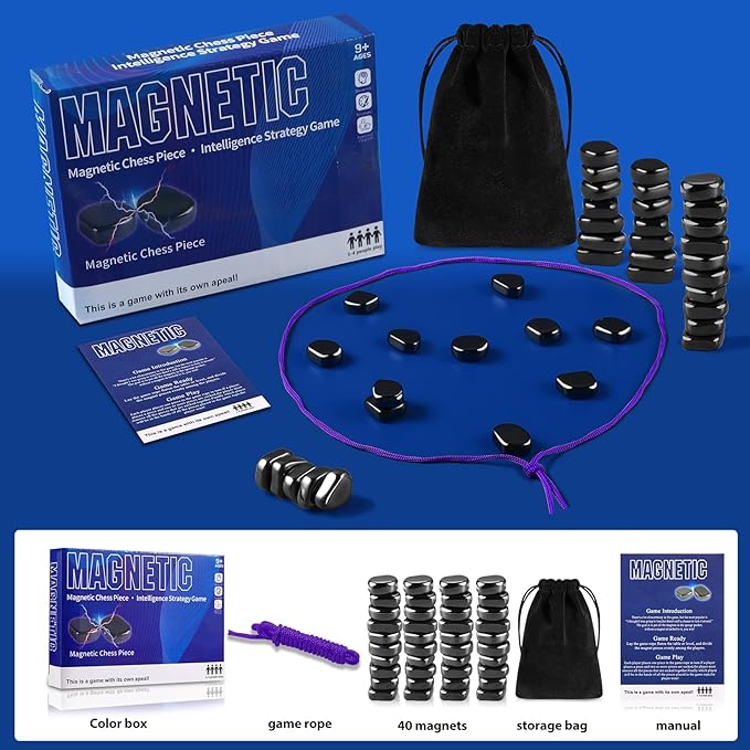 Magnetic Chess Game with 40 Stones Set, Magnetic Chess Game with Rocks, Magnet Game with String, Educational Checkers Game for Kids & Adults, Family Gatherings