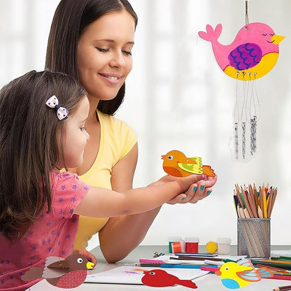 4pcs DIY Wooden Bird Wind Chime Crafts for Kids with Paint Kit Rhinestone Flower Stickers Summer Arts and Crafts for Kids 3 and Up