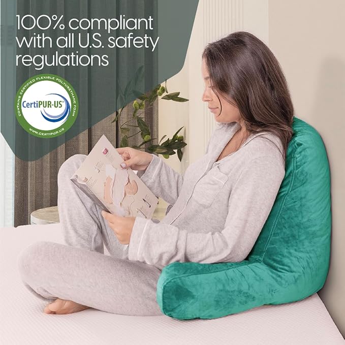 Milliard Reading Pillow with Shredded Memory Foam, Large Adult Backrest with Arms, Back Support for Sitting Up in Bed with Washable Cover (Sit up Pillow) Teal