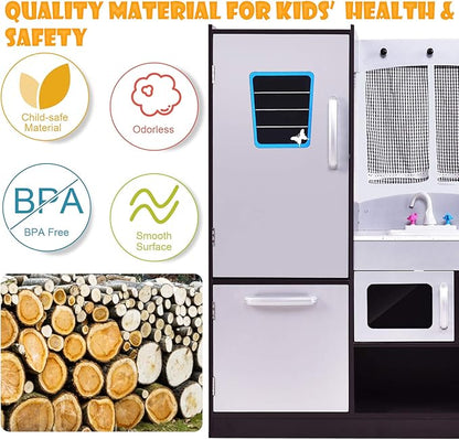 ARLIME Kids Kitchen Playset, Wooden Toy Toddler Kitchen w/Sink, Stovetop, Microwave, Refrigerator, Large Cabinets, Pretend Play Kitchen for Boys Girls