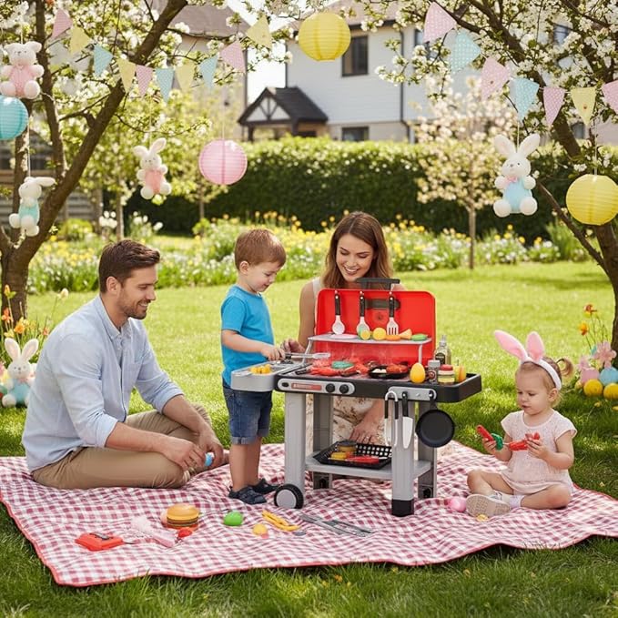 CUTE STONE Kids BBQ Grill Toys, Color Changing Play Food, Sizzling Sound & Light Effects, Cool Mist Spray, Pretend Cooking with Frying & Grilling, 2-Tier BBQ on Wheels - Kitchen Toy, Birthday Gift