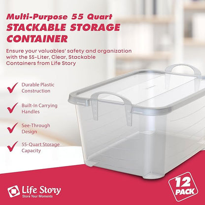 Life Story 12 Pack Light Duty Stackable Storage Bin, 55 Quart Home Organizer, Versatile Lightweight Locking Bins with Carrying Handles, Clear