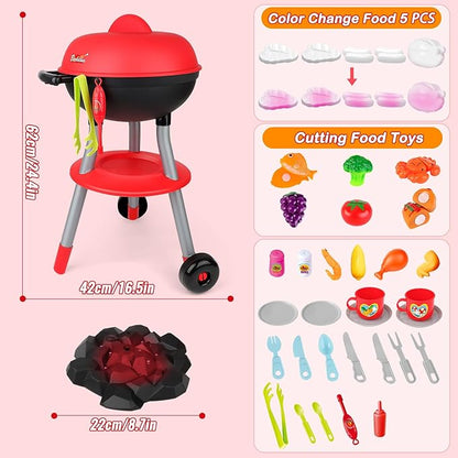 deAO Kids BBQ Grill Playset,36 Pcs Kitchen Toy with Realistic Smoke,Light,6Pcs Change Color Pretend Foods,Cutting Foods Toys,Interactive BBQ Toy Set for Kids