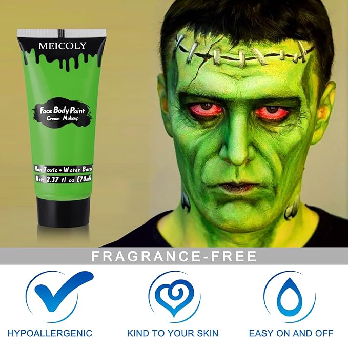 MEICOLY Light Green Face Body Paint(2.37Oz),St Patrick's Day Accessories, Lime Green Face Paint for Halloween SFX Witch Elphaba Makeup,Camouflage Hunting Hulk Gamora, Christmas Stockings Stuffer