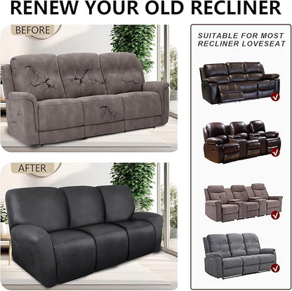 Recliner Couch Cover Leather Look Recliner Sofa Covers for 3 Cushion Reclining Sofa Slipcovers 8-Pieces Furniture Protector Spandex Fabric Washable (3 Seater, 01 Dark Gray)