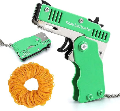 Kids Toys Cool Keychain Rubber Band Mini Metal Folding Rubber Launcher Toy with 60 Elastic Rubber Bands for Game Outdoor Activities (Green)