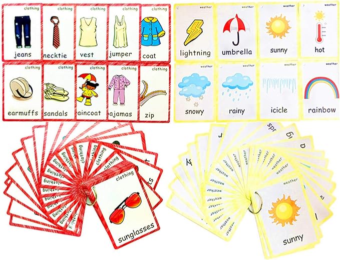 Set of Clothing and Weather Flash Cards for Toddlers | Kids Learning Flashcard & Montessori Pocket Cards Toys | Perfect for Pre-K Decor Background Wall Stickers, Teacher/Autism Therapists Tools
