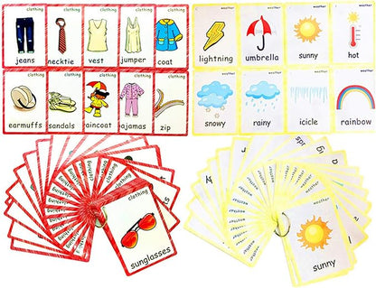 Set of Clothing and Weather Flash Cards for Toddlers | Kids Learning Flashcard & Montessori Pocket Cards Toys | Perfect for Pre-K Decor Background Wall Stickers, Teacher/Autism Therapists Tools