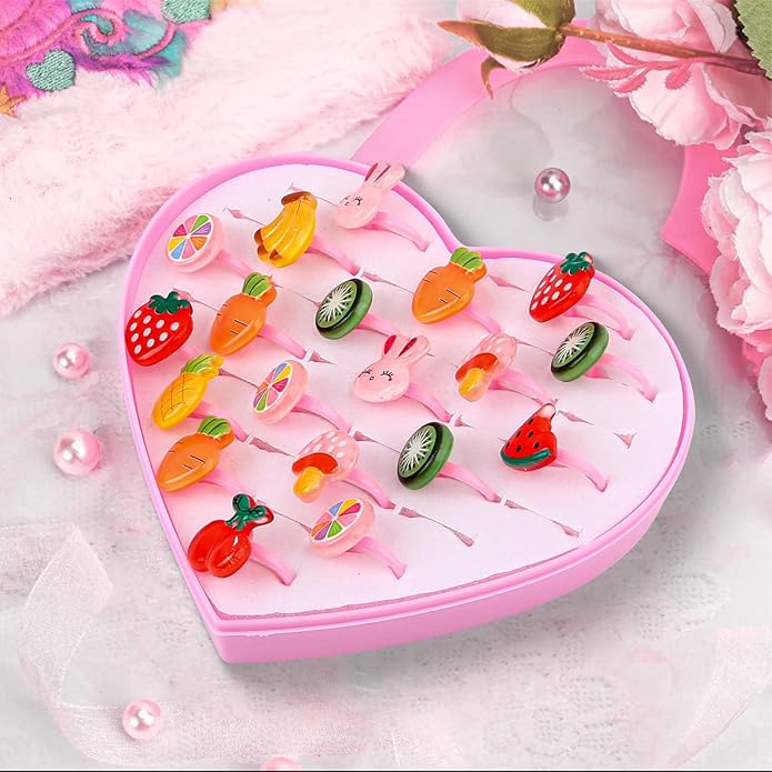 Little Girl Jewel Rings, Adjustable Pink Rings Girls Kids Pretend Play and Dress up Jewelry Set, Cute Rings with Display Case Party Favors Toys Gifts