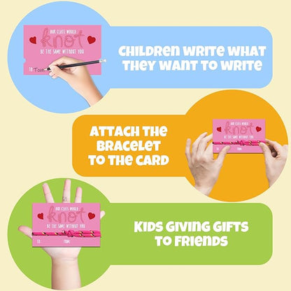 Friendship Bracelet Valentines Cards - 28Pcs Knot Bracelet Greeting Cards, Class Valentines Day Cards for Shcool Classroom Exchange, kids Valentines Day Gifts for Students from Teachers