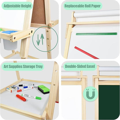 Joyooss Art Easel for Kids with Double-Sided Magnetic, Wooden Standing Kids Easel with Dry Erase Whiteboard & Chalkboard, Height Adjustable Children Easel with Paper Roll, Bonus Toddler Art Supplies