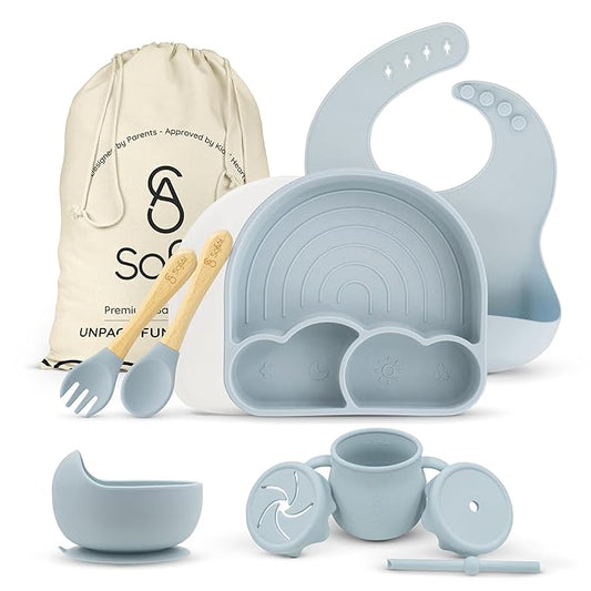 All In One Silicone Baby Feeding Set By SofiAl - Safe for 6-12 Months - Non-Toxic Baby Led Weaning Supplies - Toddler Self Feeding Utensils - BPA-Free - Mess Free Baby Feeding Essentials