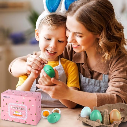 WHOHOLL Wooden Easter Play Eggs Toy, Play Food Sets for Kids Kitchen, Durable Wood Eggs with Magnetic Separable Yolk, Pretend Play Kitchen Toy Food for Toddlers Boys Girls Gifts