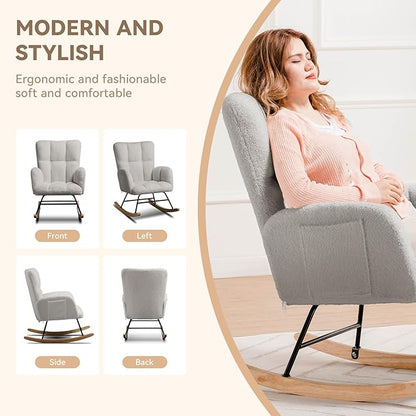 COMHOMA Nursery Rocking Chair, Teddy Upholstered Glider Rocking Chair with Side Pockets, Accent Chair with High Backrest Reading Chair for Adult, Nursery, Bedroom, Living Room,Offices (Grey)