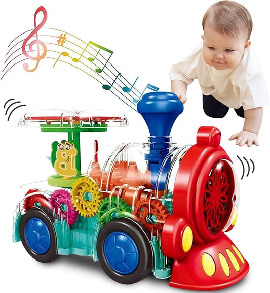 Transparent Train Toy - Fun and Interactive Electric Train Toy for Kids - Music Train with LED Light up - Colorful Moving Gears -Tummy Time Crawling Baby Toys for Boys Girls