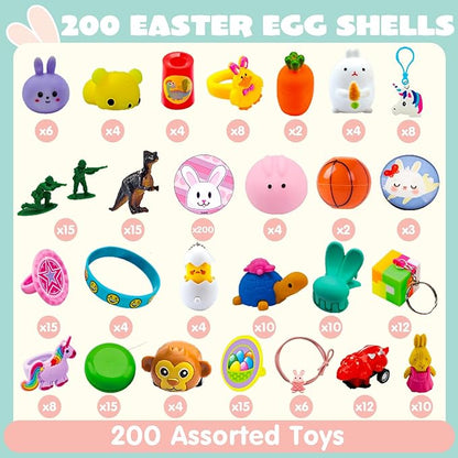 JOYIN 200 Pcs Prefilled Easter Eggs with Novelty Toys and Stickers, Filling Treats, Easter Eggs Hunt, Basket Stuffers Fillers, Theme Party Favor, Classroom Prize