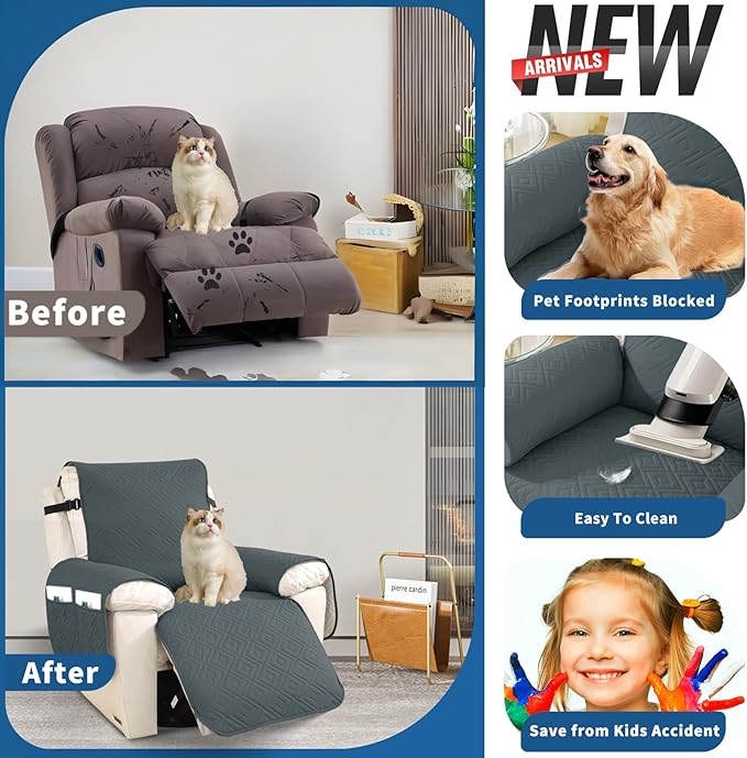 XINEAGE 100% Waterproof Recliner Cover, Non Slip Recliner Chair Cover with Elastic Band, Washable Recliner Slipcover with Storage Pockets for Kids, Pets (Dark Gray, 30")