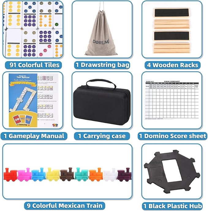 Mexican Train Dominoes Game Set with 4 Wooden Racks, Double 12 Colored Dot Dominoes with Update Hub, Travel Domino Train Game with 91 Tiles and Portable Case, Family Board Team Games