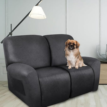 Loveseat Recliner Cover Leather Look Recliner Loveseat Covers Recliner Sofa Cover for 2 Seater Reclining Couch Spandex Fabric Washable 6 Pieces (2 Seater, 01 Dark Gray)