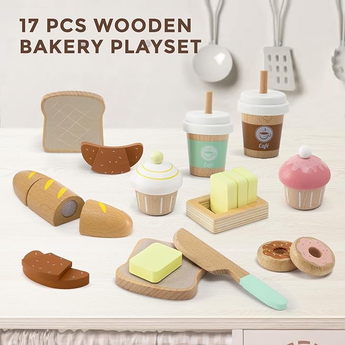 17 PCS Wooden Bakery Toy Food Playset for Kids, Pretend Picnic Play Food for Toddlers 3+, Play Kitchen Accessories with Shopping Bag, Cutting Food Toys, Gift for Girls Boys and Girls