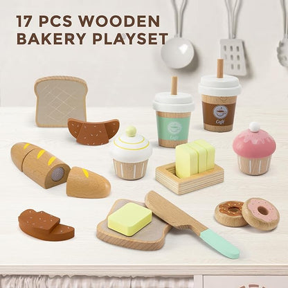 17 PCS Wooden Bakery Toy Food Playset for Kids, Pretend Picnic Play Food for Toddlers 3+, Play Kitchen Accessories with Shopping Bag, Cutting Food Toys, Gift for Girls Boys and Girls