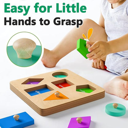 Wooden Shapes Puzzles for Toddlers 1-3, Montessori Toys for 1 2 Year Old Boy Birthday Gifts, Shape Color Match Peg Puzzles, Learning Educational Toys for Toddlers Age 1 2 Year Old Girl