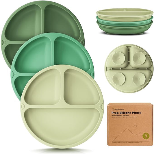 KeaBabies Suction Plates for Baby, Toddler - 3-Pack 100% Silicone Toddler Plates, Divided Baby Plates with Suction, Silicone Plates for Baby, Kids, BPA-Free, Microwave, Dishwasher Safe (Forest)