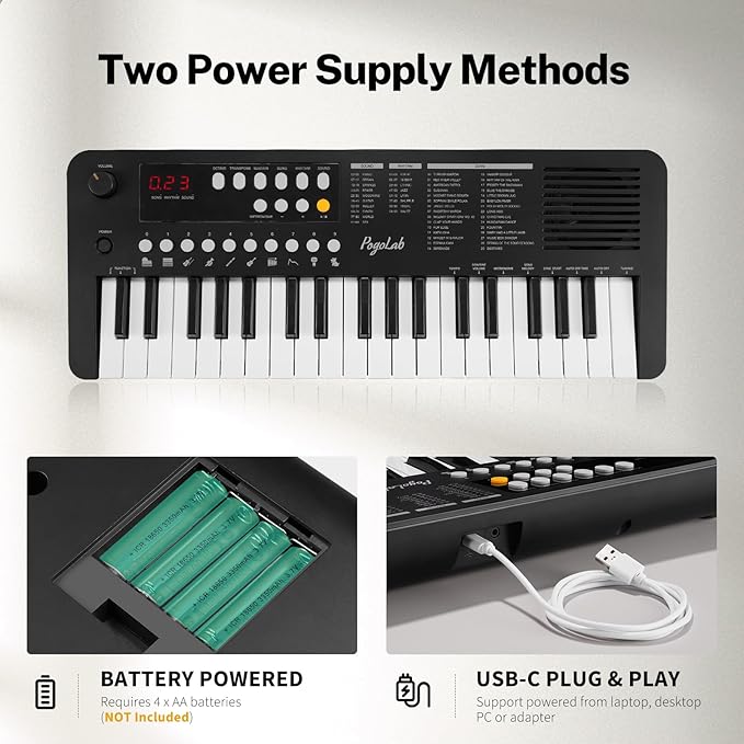 POGOLAB MK1 37 Keys Kids Keyboard Piano, Mini Portable Multi-Function Piano with Excellent Sound Quality, Built-In Speaker & LED Display, Small Electric Music Keyboard Gift for Beginners (Black)