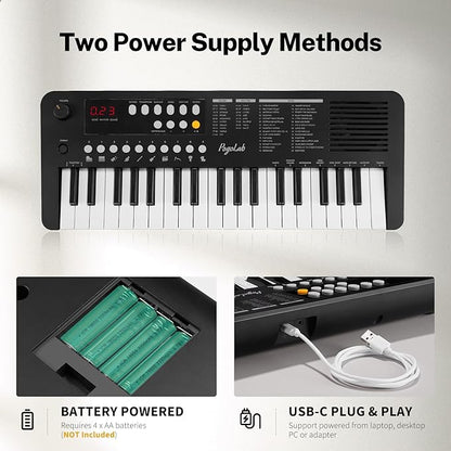 POGOLAB MK1 37 Keys Kids Keyboard Piano, Mini Portable Multi-Function Piano with Excellent Sound Quality, Built-In Speaker & LED Display, Small Electric Music Keyboard Gift for Beginners (Black)