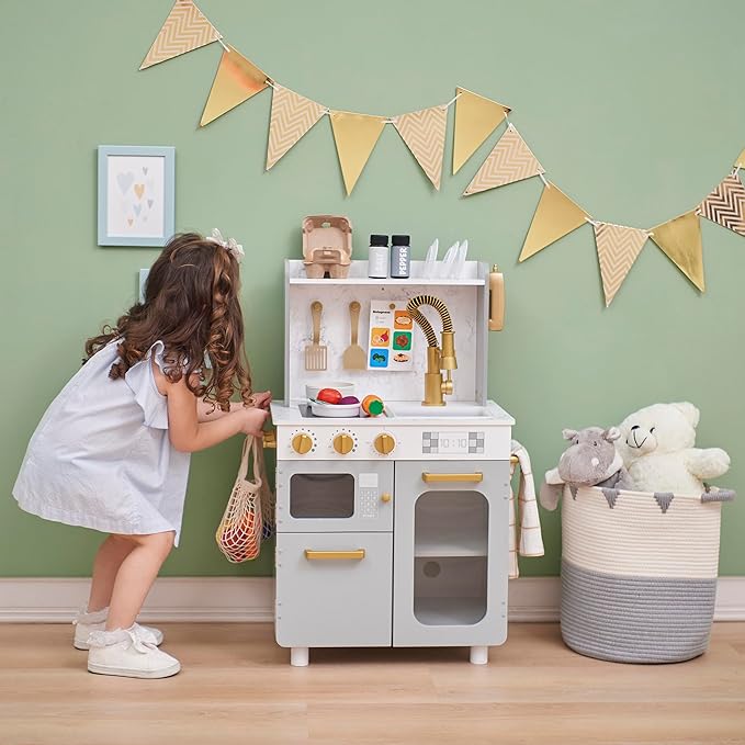 Teamson Kids Little Chef Memphis Small Wooden Play Kitchen with Interactive, Realistic Features, and 16 Kitchen Accessories - for 3yrs and up, Pretend Play House, Restaurant - Gray/Gold/Faux Marble