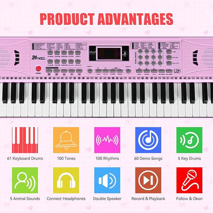 61 Key Electronic Keyboard, Kids Portable Music Keyboard with 100 Tones & Rhythms, Recording & Programming, Gift for Children Early Education Beginners, Pink