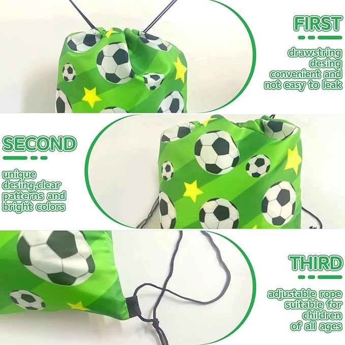 58Pcs Soccer Party Favors: Soccer Goodie Bags for boys Includes 12Pcs 13 x 11 Inch Soccer Drawstring Bags Slap Silicone Bracelet Keychain Tattoo Stickers for Soccer Party Decorations Supplies