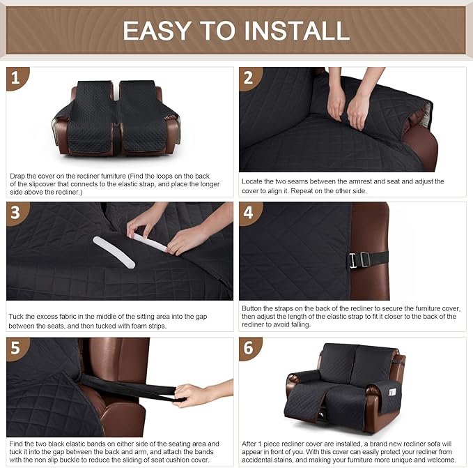 KinCam Waterproof Loveseat Recliner Cover, Non-Slip Reclining Couch Covers for 2 Seat, Recliner Sofa Cover Furniture Protector with Elastic Straps for Kids, Pets, Black