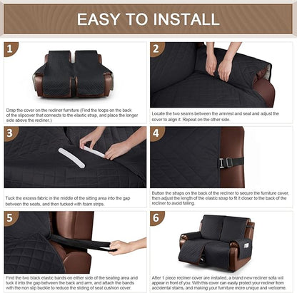 KinCam Waterproof Loveseat Recliner Cover, Non-Slip Reclining Couch Covers for 2 Seat, Recliner Sofa Cover Furniture Protector with Elastic Straps for Kids, Pets, Black