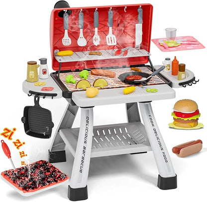 Kids Toys Kitchen Playset, Kids BBQ Grill Playset with Smoke, Sound & Light, Toy Grill for Kids, Pretend Play Food Hamburger, Interactive Toys Barbecue Cooking Game for Toddlers Boys Girls 3-5