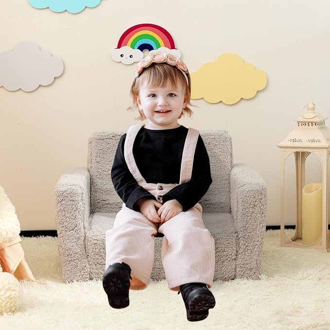 ALIMORDEN 2-in-1 Flip Out Cuddly Sherpa Toddler Couch, Convertible Sofa to Lounger, Light Grey