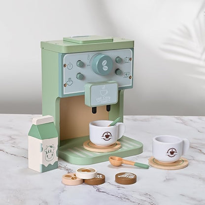 Kids Wooden Toys Toddler Pretend Play Kitchen Accessories Green Coffee Maker Espresso Machine Playset Montessori Kitchen Toy Gift for Girls and Boys