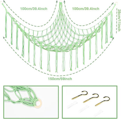Boho Stuffed Animals Net or Hammock Large,55 inch Toy Hammock Macrame Stuff Animal Storage Corner Hanging Net Holder,Mesh Hammock Plush Toy Organizer with Hooks for Bedroom,Nursery (Deep Green)