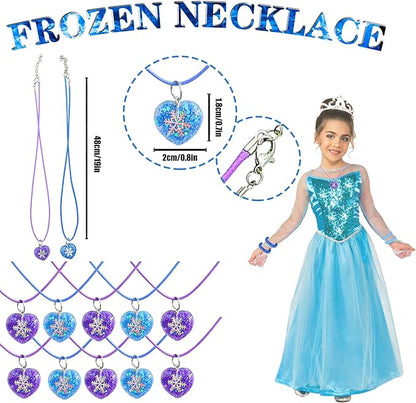 110Pcs Snowflake Birthday Party Favors Supplies kids Girl Winter Party Decorations Set Include Stickers, Hair clips, Necklaces, Rings, Hair Ties, Hair clips, Bracelets