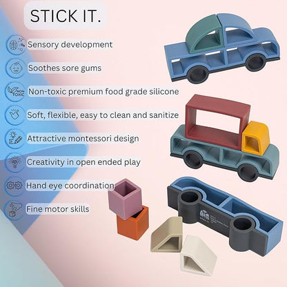 Stick It Montessori Food Grade Silicone Stacking Vehicles, 14 Pcs Toddler Baby Building Blocks Teether Educational Open Ended Shapes STEM Toy, 18+ Months (Car)