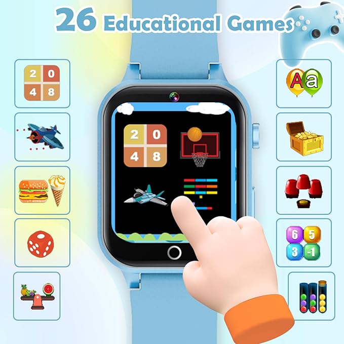 Luyiilo Smart Watch for Kids, with 26 Puzzle Games, Touch Screen, HD Camera, Alarm Clock, Toys for Ages 4-12 Years Old.Birthday Gift for Boys Girls (Soft Blue)